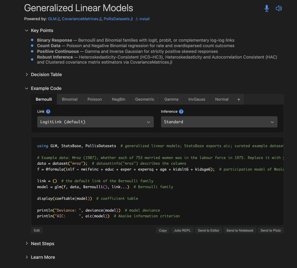 The Generalised Linear Models panel: Powered by, Key Points, Decision Table, Example Code with family tabs, link and inference choices, the code, its action buttons, Next Steps and Learn More